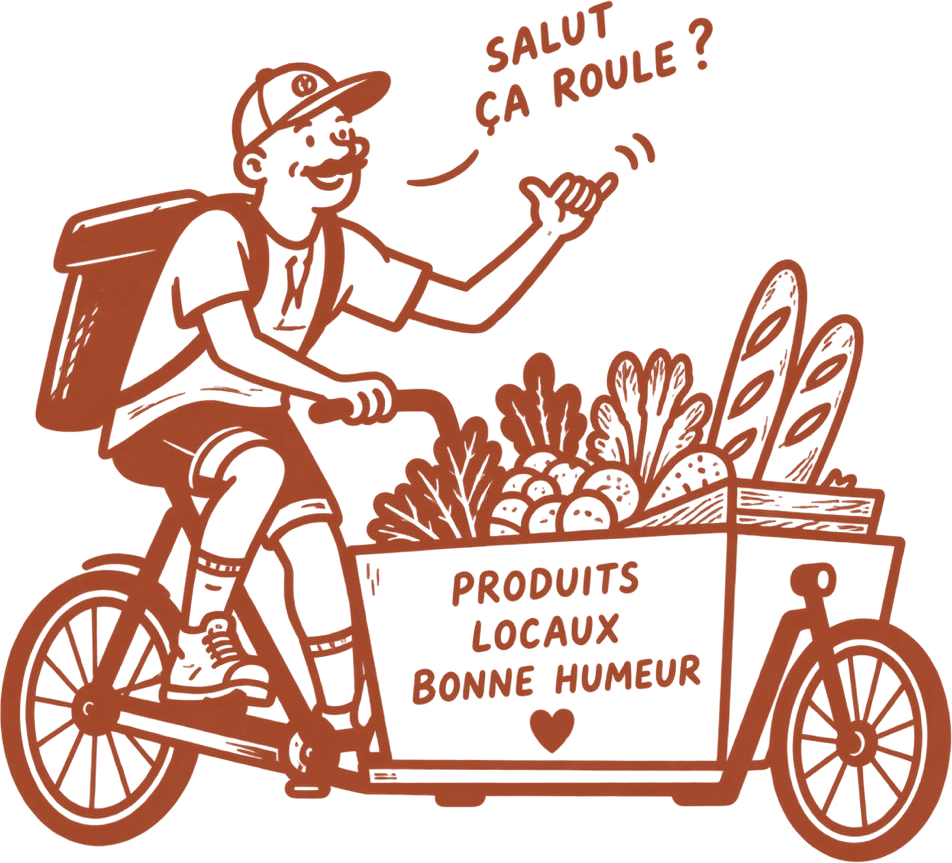 Illustration : un livreur à vélo cargo, la caisse remplie de légumes et de baguettes, salue en disant « Salut, ça roule ? ». Sur la caisse : « Produits locaux, bonne humeur ».